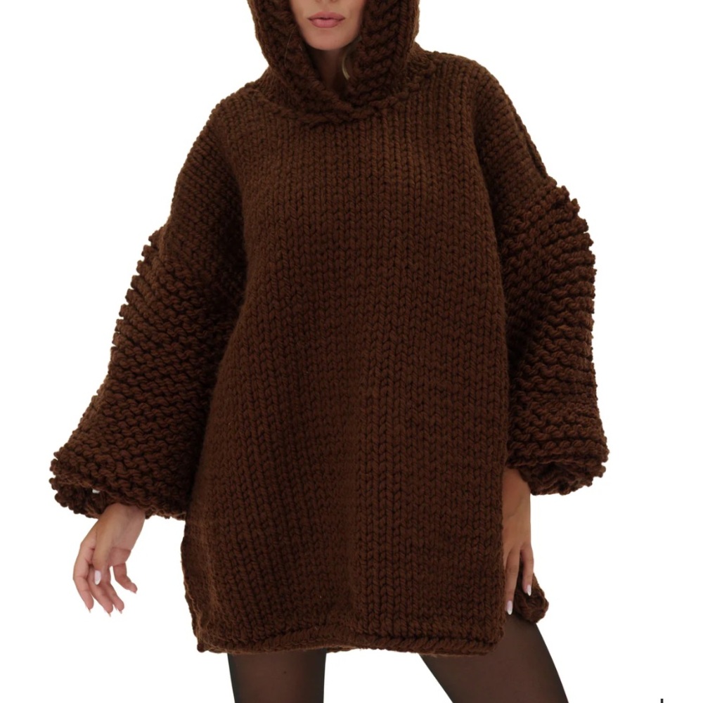 Mumshandmade Hooded Chunky Knit Sweater Chocolate Brown Balloon Sleeves